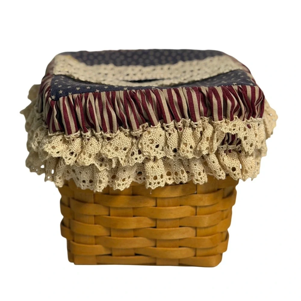 Longaberger Tissue Basket Brown Woven Wood Americana Patriotic Fabric Lace Cover